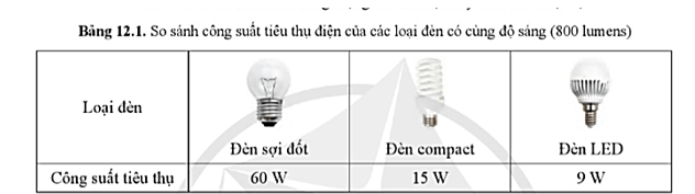 Để tiết kiệm điện năng, em sẽ lựa chọn loại đèn nào ở Bảng 12.1