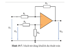 Viết biểu thức điện áp ra của mạch trừ ở Hình 19.7