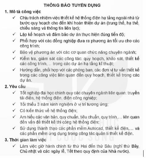 Đọc thông báo tuyển dụng dưới đây và cho biết công việc được mô tả phù hợp với vị trí việc làm nào