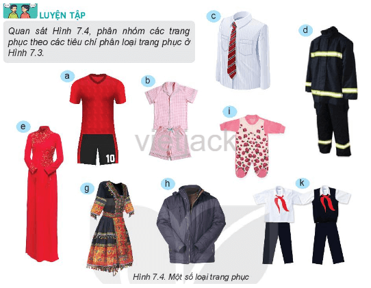 Quan sát hình 7.4, phân nhóm các trang phục theo các tiêu chí phân loại trang phục ở Hình 7.3