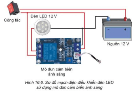 Quan sát Hình 16.6 và nêu tên các thành phần chính của mạch điện điều khiển đèn LED sử dụng mô đun