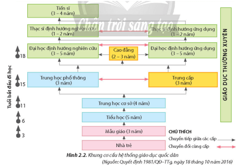 Hãy quan sát Hình 2.2 và mô tả các cấp học, trình độ đào tạo của hệ thống giáo dục Việt Nam