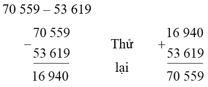 Tính rồi thử lại: 70559 - 53619