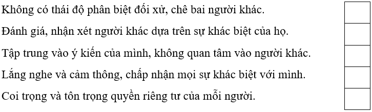 Trắc nghiệm Đạo đức lớp 5 Chân trời sáng tạo Bài 3 (có đáp án): Em tôn trọng sự khác biệt của người khác (ảnh 20)