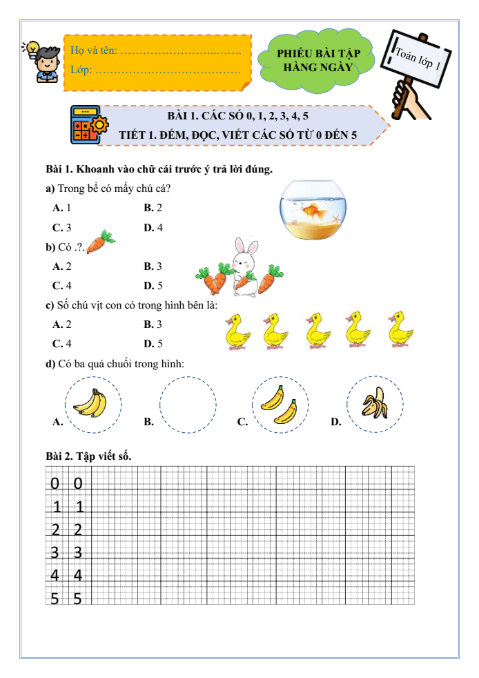 Bài tập hàng ngày Toán lớp 1 Bài 1: Các số 0, 1, 2, 3, 4, 5 | Kết nối tri thức