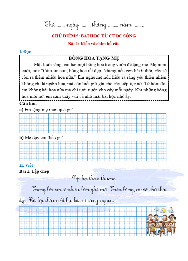 Bài tập hàng ngày Tiếng Việt lớp 1 Bài 1: Kiến và chim bồ câu | Kết nối tri thức