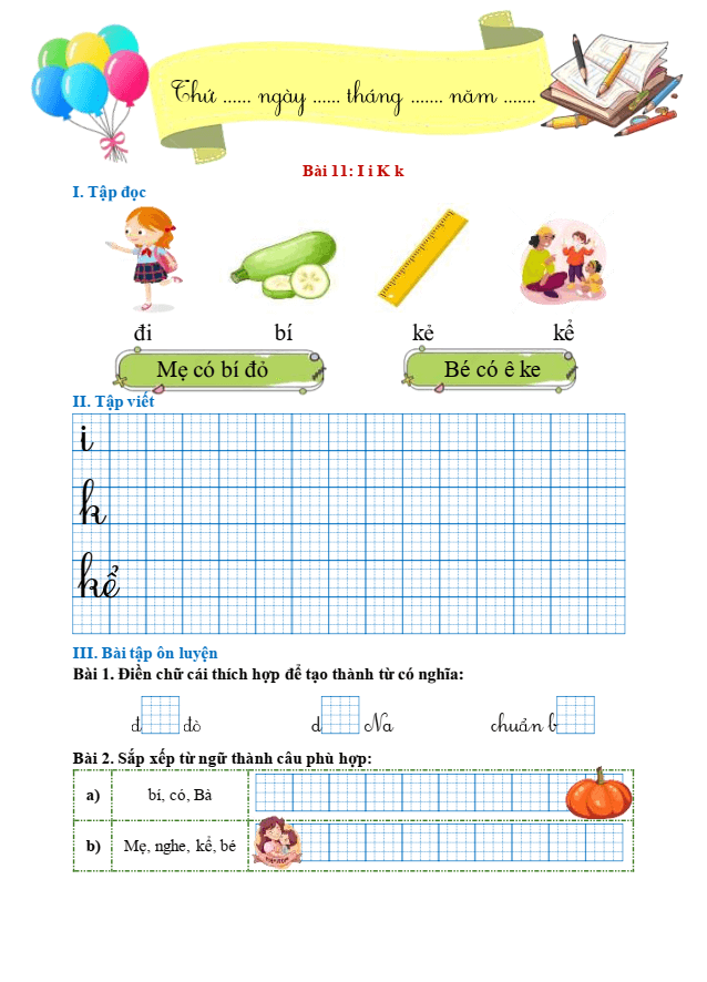Bài tập hàng ngày Tiếng Việt lớp 1 Bài 11: I, i, K, k | Kết nối tri thức