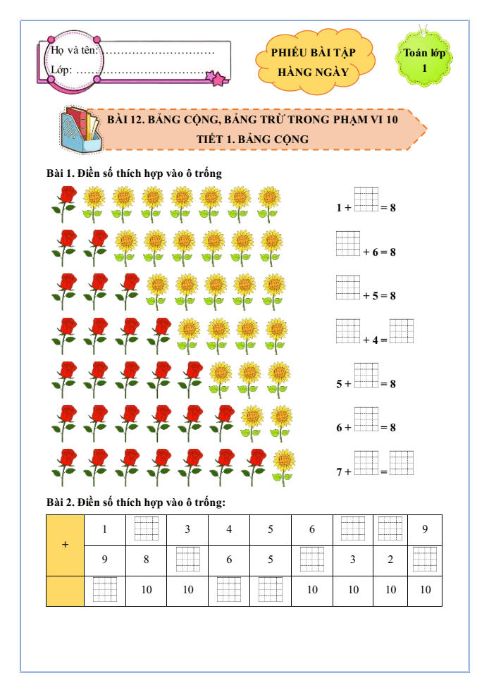 Bài tập hàng ngày Toán lớp 1 Bài 12: Bảng cộng, bảng trừ trong phạm vi 10 | Kết nối tri thức