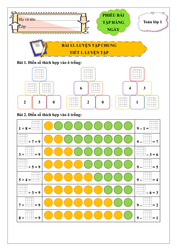 Bài tập hàng ngày Toán lớp 1 Bài 13: Luyện tập chung | Kết nối tri thức