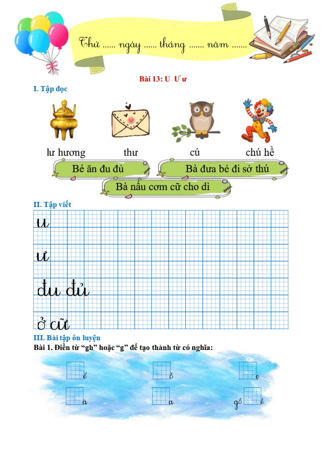 Bài tập hàng ngày Tiếng Việt lớp 1 Bài 13: U, u, Ư, ư | Kết nối tri thức