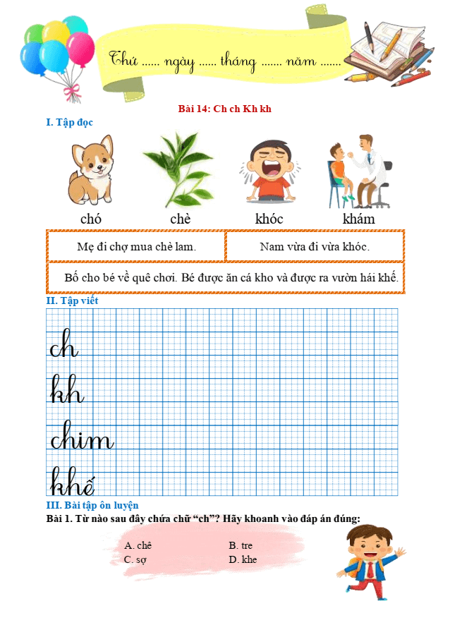 Bài tập hàng ngày Tiếng Việt lớp 1 Bài 14: Ch, ch, Kh, kh | Kết nối tri thức