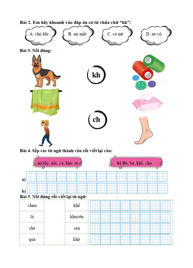 Bài tập hàng ngày Tiếng Việt lớp 1 Bài 14: Ch, ch, Kh, kh | Kết nối tri thức