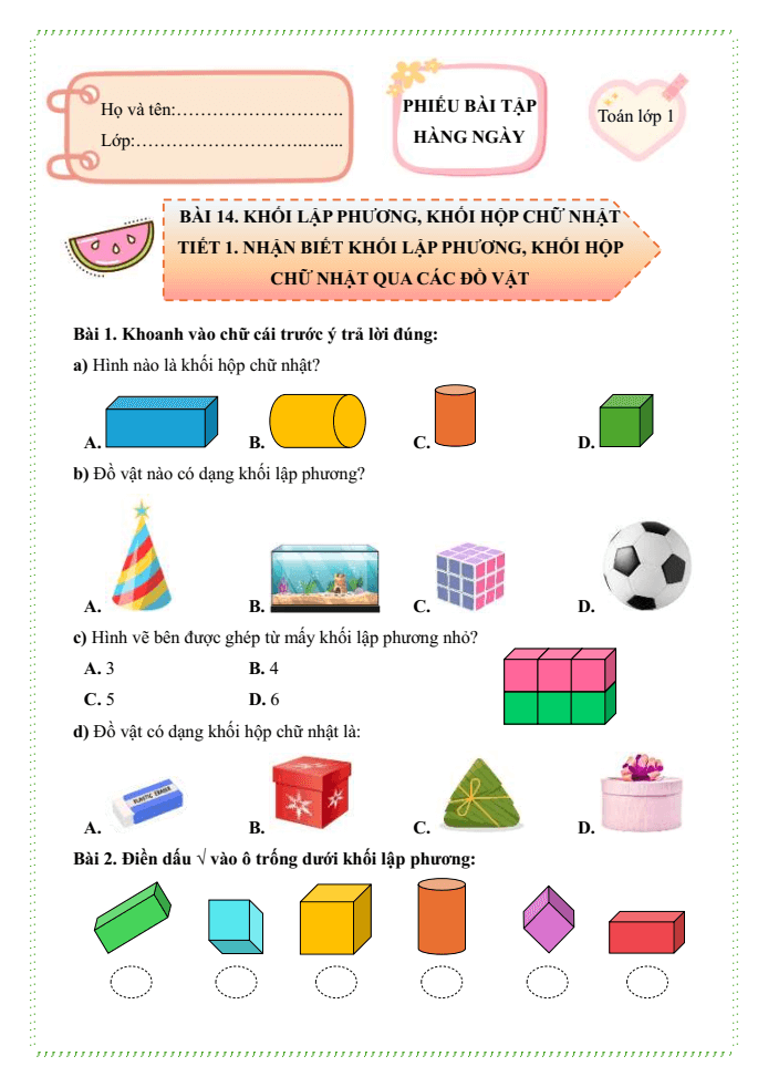Bài tập hàng ngày Toán lớp 1 Bài 14: Khối lập phương, khối hộp chữ nhật | Kết nối tri thức