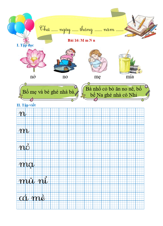 Bài tập hàng ngày Tiếng Việt lớp 1 Bài 16: M, m, N, n | Kết nối tri thức