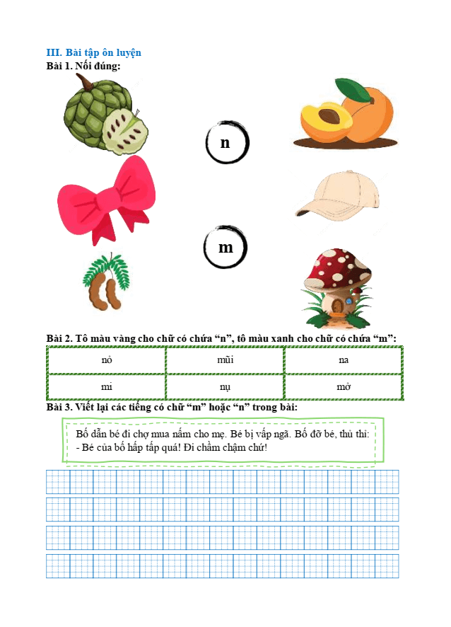 Bài tập hàng ngày Tiếng Việt lớp 1 Bài 16: M, m, N, n | Kết nối tri thức