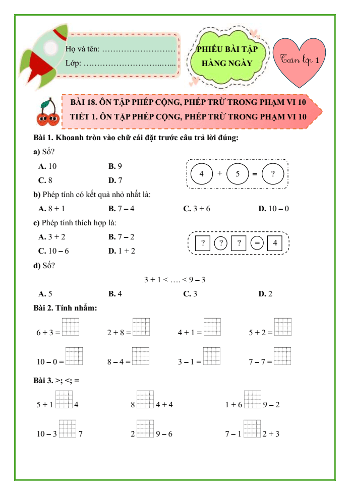 Bài tập hàng ngày Toán lớp 1 Bài 18: Ôn tập phép cộng, phép trừ trong phạm vi 10 | Kết nối tri thức