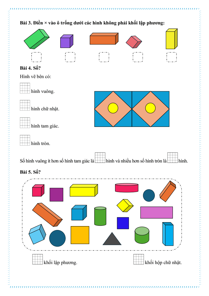 Bài tập hàng ngày Toán lớp 1 Bài 19: Ôn tập hình học | Kết nối tri thức