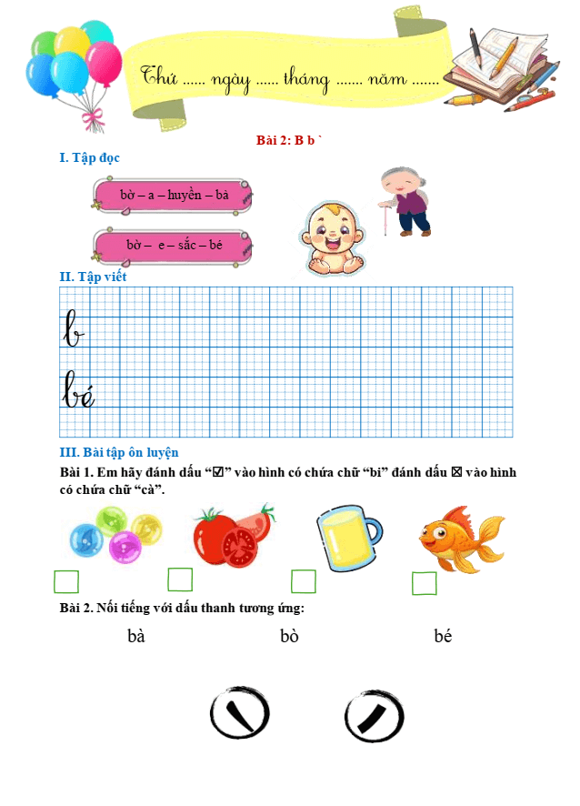 Bài tập hàng ngày Tiếng Việt lớp 1 Bài 2: B, b, dấu huyền | Kết nối tri thức