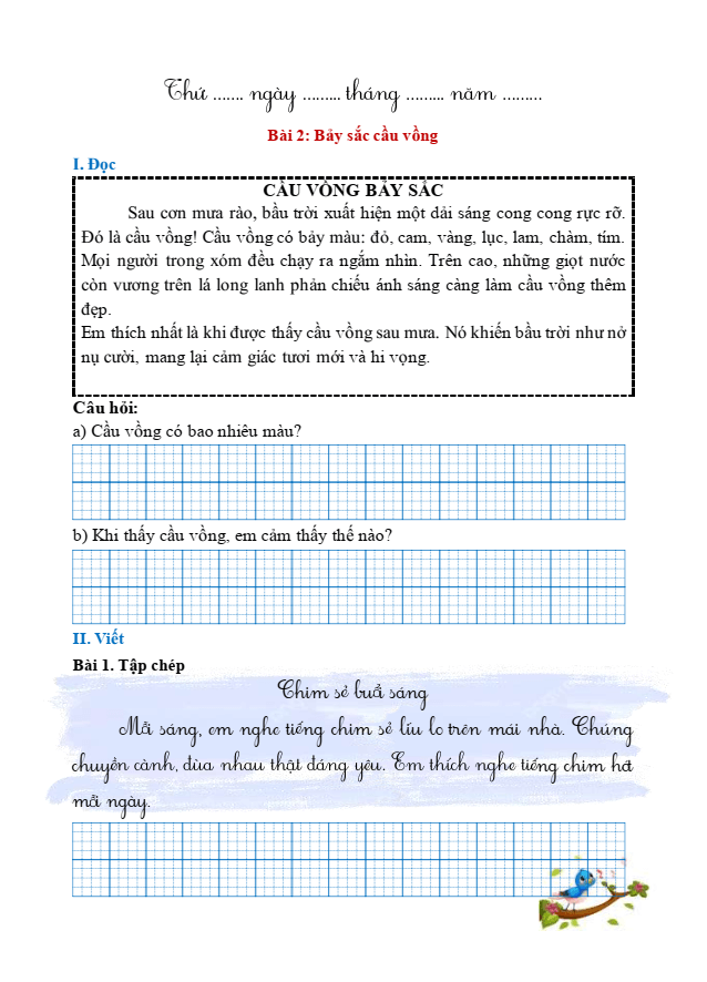 Bài tập hàng ngày Tiếng Việt lớp 1 Bài 2: Bảy sắc cầu vồng | Kết nối tri thức