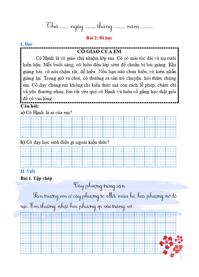 Bài tập hàng ngày Tiếng Việt lớp 1 Bài 2: Đi học | Kết nối tri thức