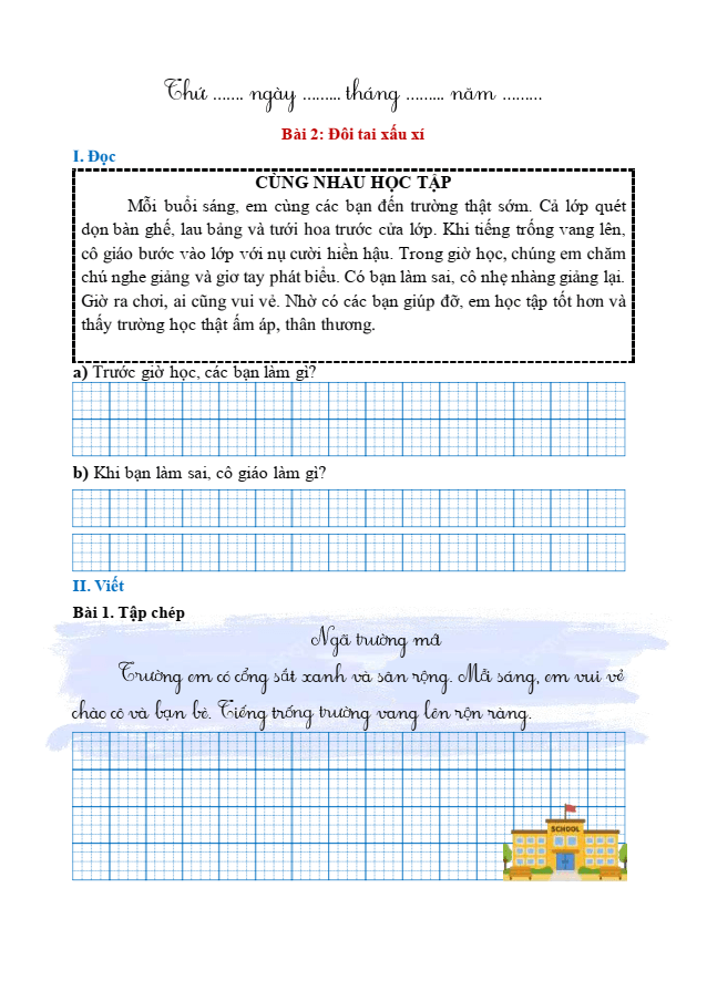 Bài tập hàng ngày Tiếng Việt lớp 1 Bài 2: Đôi tai xấu xí | Kết nối tri thức