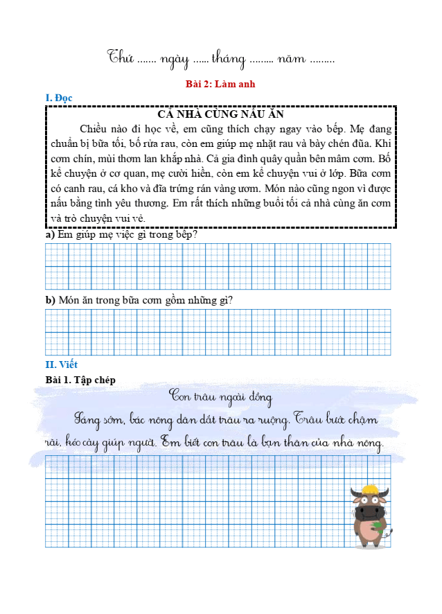 Bài tập hàng ngày Tiếng Việt lớp 1 Bài 2: Làm anh | Kết nối tri thức