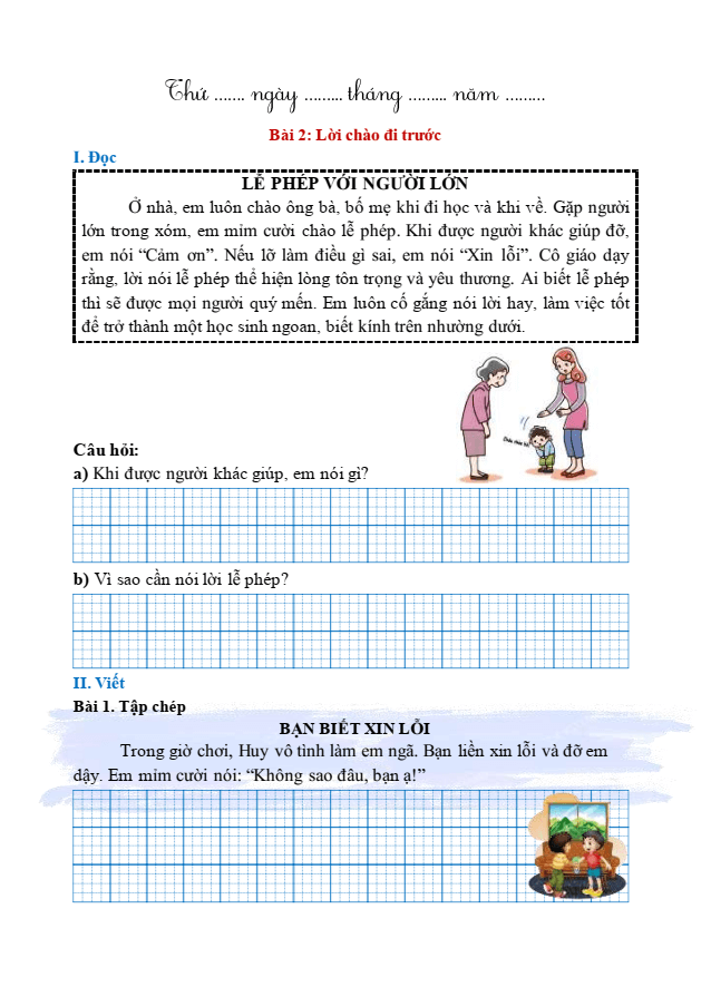 Bài tập hàng ngày Tiếng Việt lớp 1 Bài 2: Lời chào đi trước | Kết nối tri thức