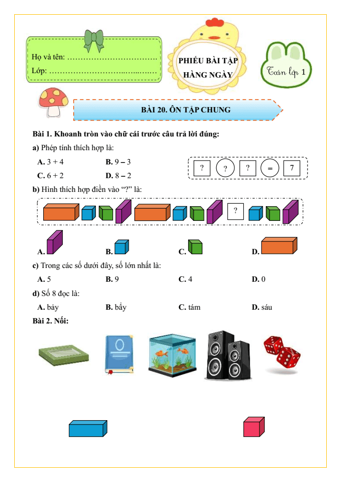 Bài tập hàng ngày Toán lớp 1 Bài 20: Ôn tập chung | Kết nối tri thức