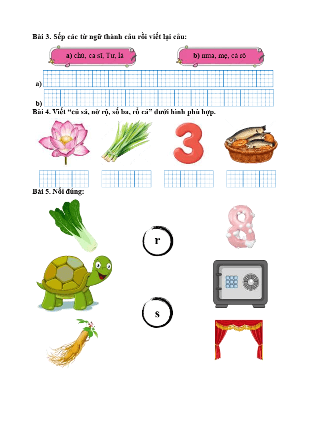 Bài tập hàng ngày Tiếng Việt lớp 1 Bài 21: R, r, S, s | Kết nối tri thức