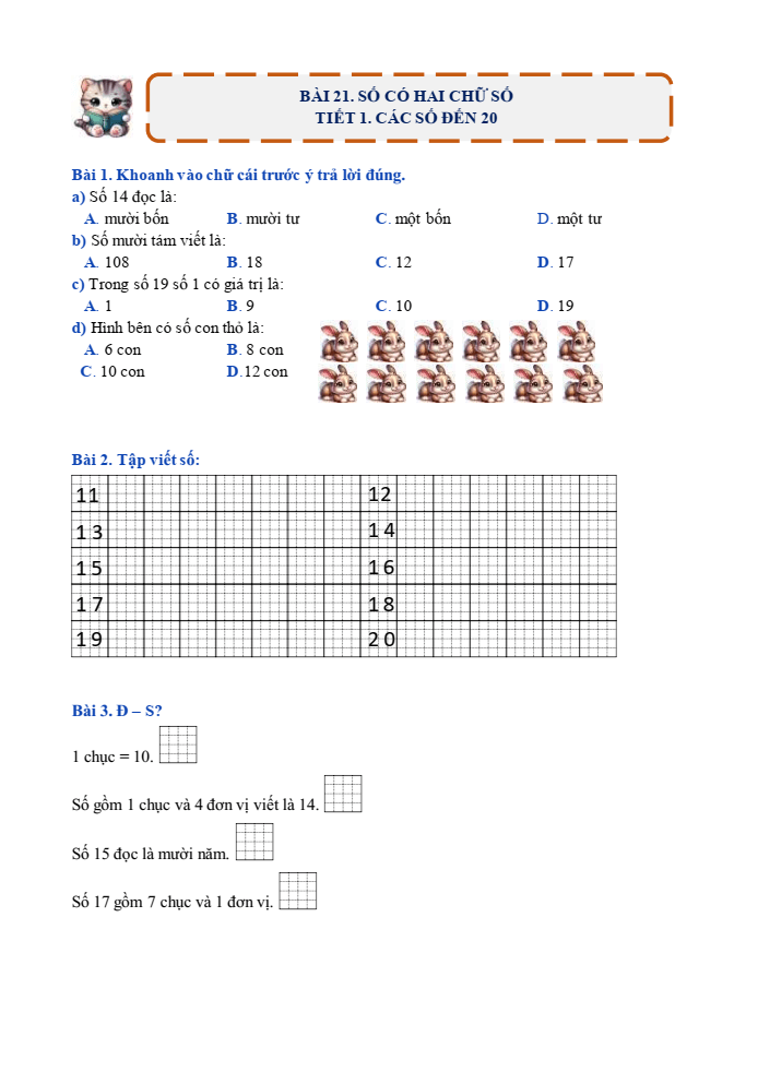 Bài tập hàng ngày Toán lớp 1 Bài 21: Số có hai chữ số | Kết nối tri thức