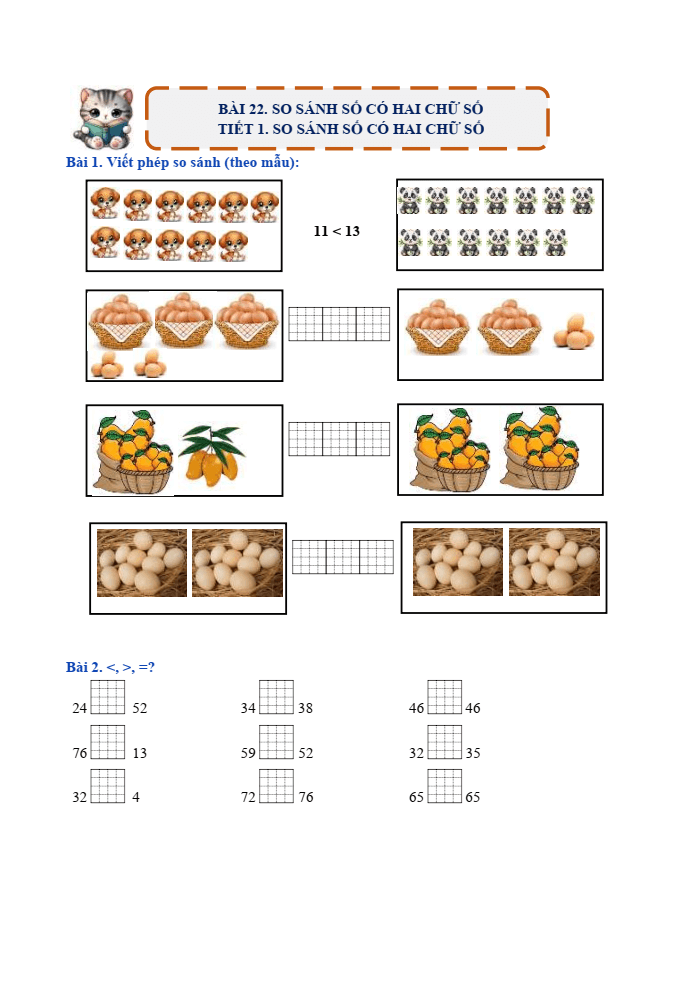 Bài tập hàng ngày Toán lớp 1 Bài 22: So sánh số có hai chữ số | Kết nối tri thức