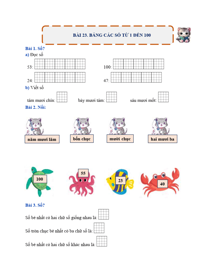 Bài tập hàng ngày Toán lớp 1 Bài 23: Bảng các số từ 1 đến 100 | Kết nối tri thức