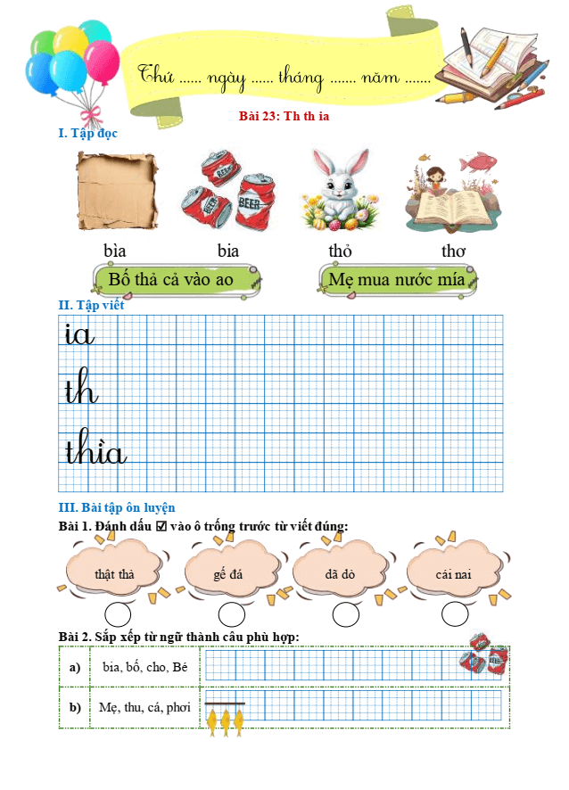 Bài tập hàng ngày Tiếng Việt lớp 1 Bài 23: Th, th, ia | Kết nối tri thức