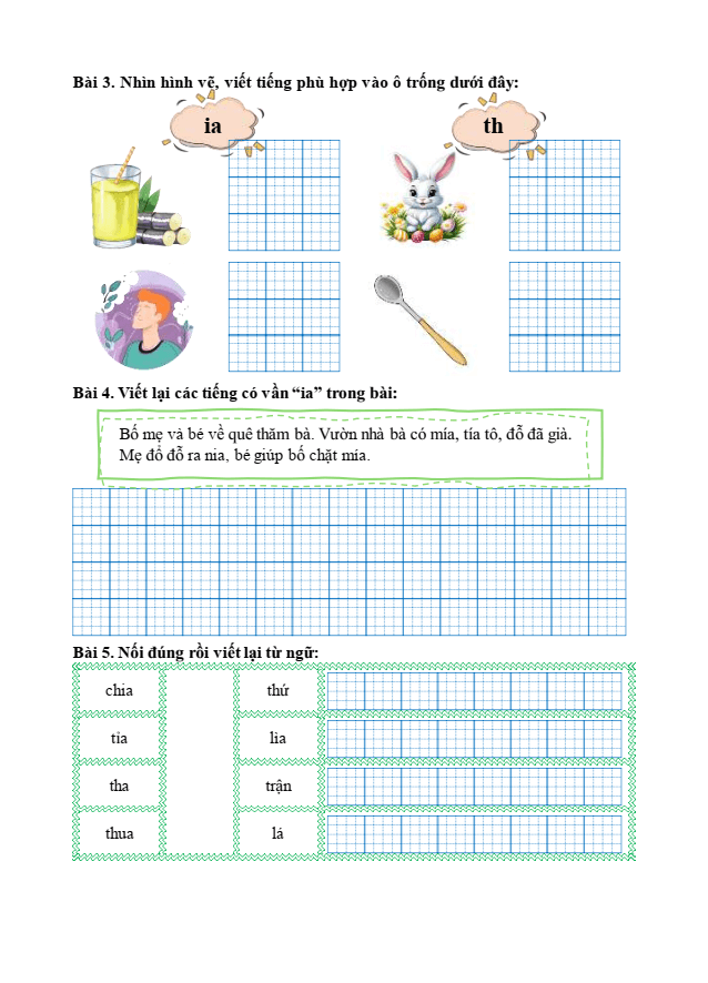 Bài tập hàng ngày Tiếng Việt lớp 1 Bài 23: Th, th, ia | Kết nối tri thức