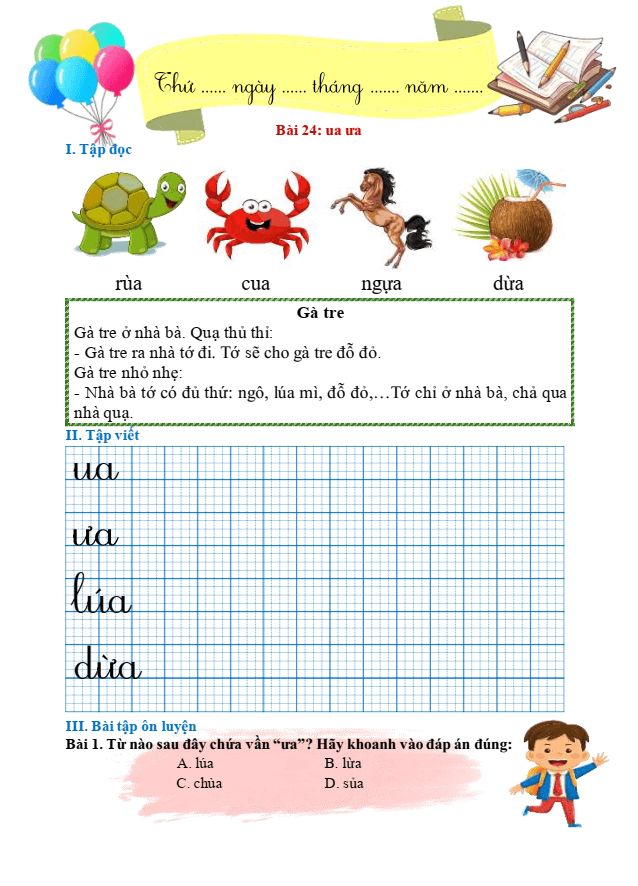Bài tập hàng ngày Tiếng Việt lớp 1 Bài 24: ua, ưa | Kết nối tri thức