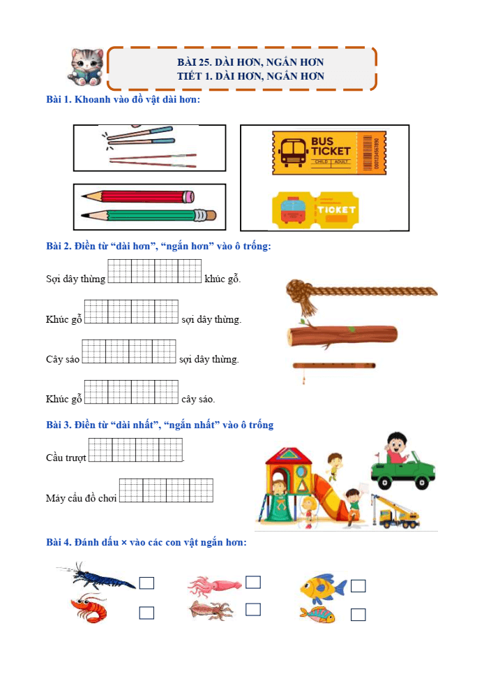 Bài tập hàng ngày Toán lớp 1 Bài 25: Dài hơn, ngắn hơn | Kết nối tri thức