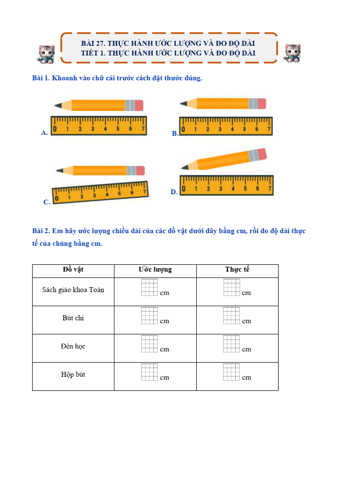 Bài tập hàng ngày Toán lớp 1 Bài 27: Thực hành ước lượng và đo độ dài | Kết nối tri thức