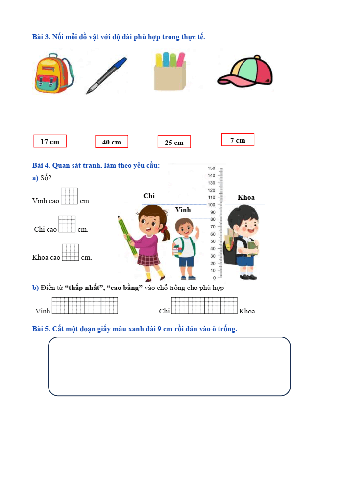 Bài tập hàng ngày Toán lớp 1 Bài 27: Thực hành ước lượng và đo độ dài | Kết nối tri thức