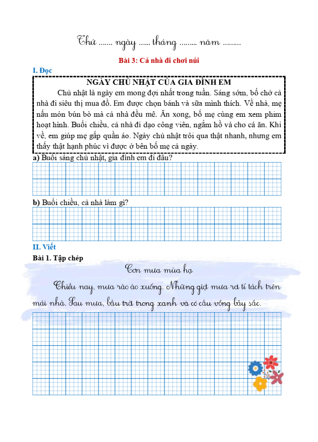 Bài tập hàng ngày Tiếng Việt lớp 1 Bài 3: Cả nhà đi chơi núi | Kết nối tri thức