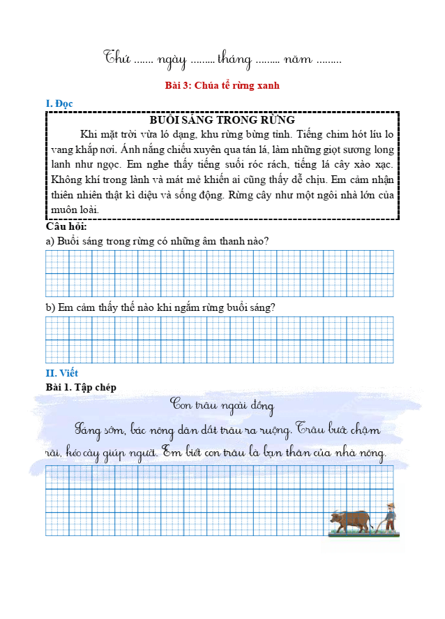 Bài tập hàng ngày Tiếng Việt lớp 1 Bài 3: Chúa tể rừng xanh | Kết nối tri thức