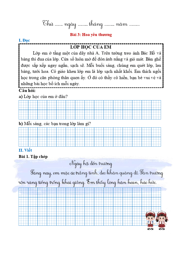 Bài tập hàng ngày Tiếng Việt lớp 1 Bài 3: Hoa yêu thương | Kết nối tri thức