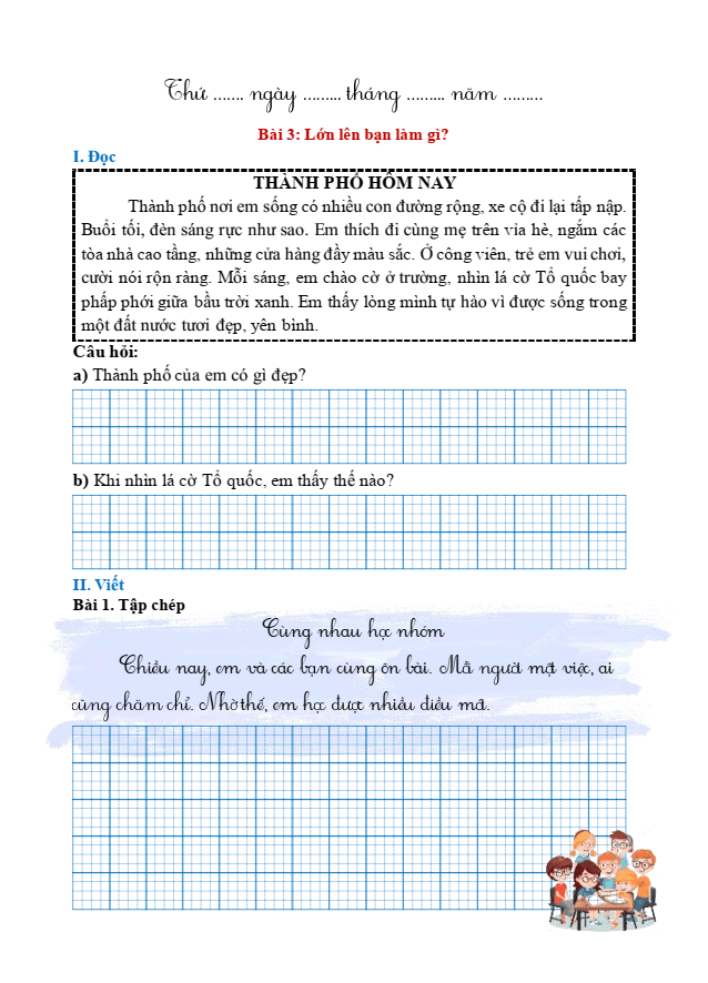 Bài tập hàng ngày Tiếng Việt lớp 1 Bài 3: Lớn lên bạn làm gì | Kết nối tri thức