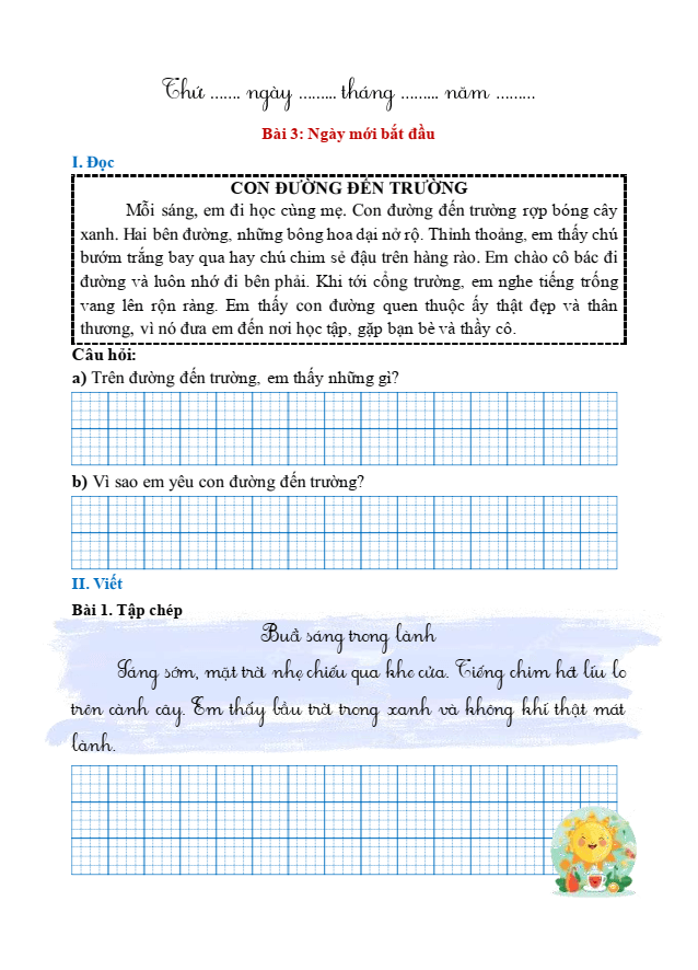 Bài tập hàng ngày Tiếng Việt lớp 1 Bài 3: Ngày mới bắt đầu | Kết nối tri thức