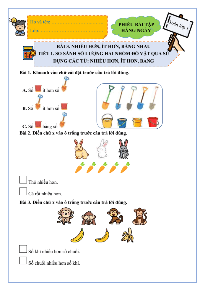 Bài tập hàng ngày Toán lớp 1 Bài 3: Nhiều hơn, ít hơn, bằng nhau | Kết nối tri thức