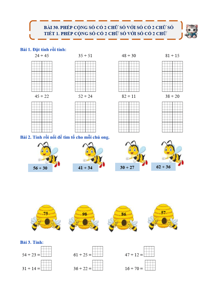 Bài tập hàng ngày Toán lớp 1 Bài 30: Phép cộng số có 2 chữ số với số có 2 chữ số | Kết nối tri thức