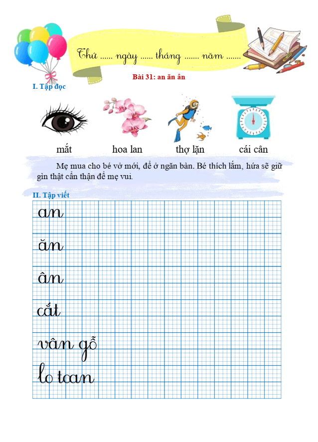 Bài tập hàng ngày Tiếng Việt lớp 1 Bài 31: an, ăn, ân | Kết nối tri thức