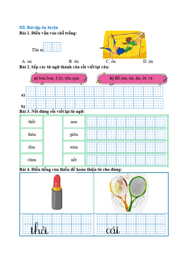 Bài tập hàng ngày Tiếng Việt lớp 1 Bài 32: on, ôn, ơn | Kết nối tri thức