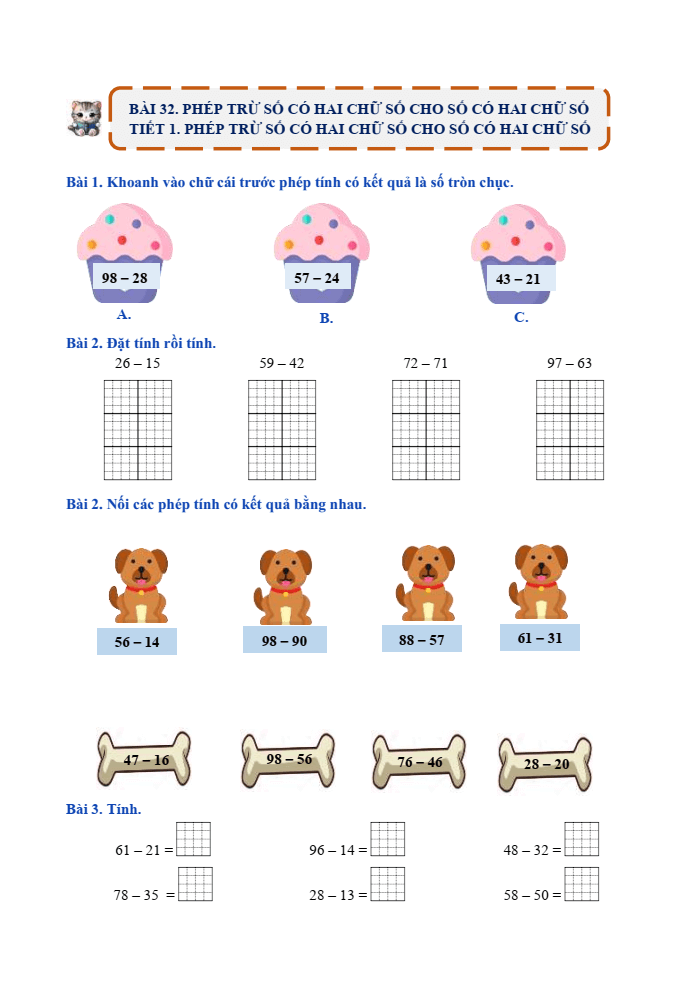 Bài tập hàng ngày Toán lớp 1 Bài 32: Phép trừ số có 2 chữ số cho số có 2 chữ số | Kết nối tri thức