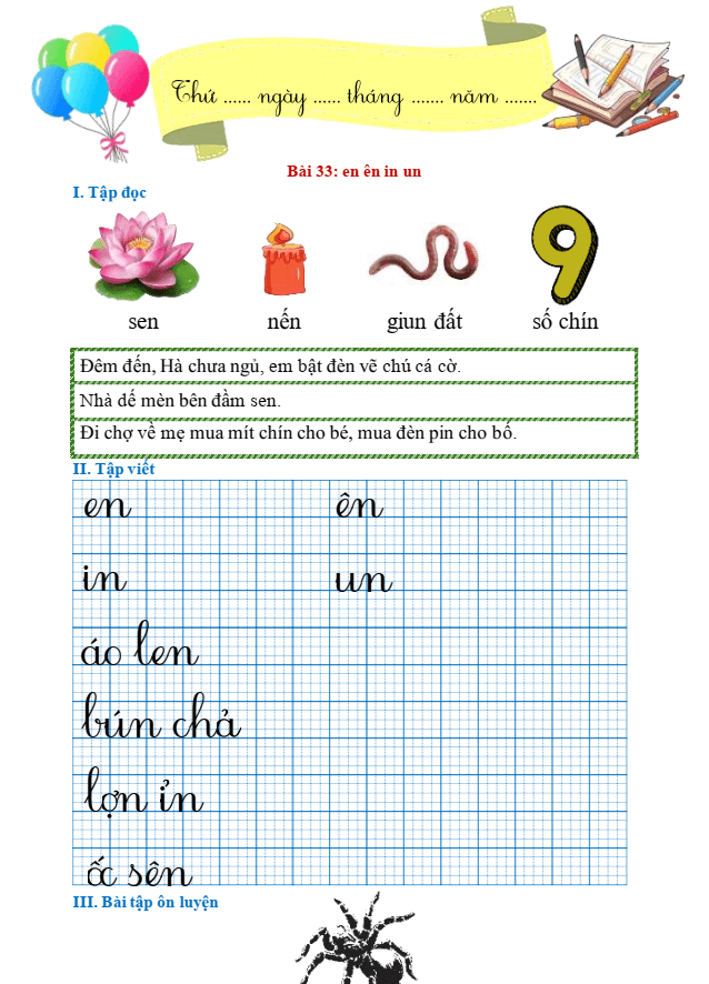 Bài tập hàng ngày Tiếng Việt lớp 1 Bài 33: en, ên, in, un | Kết nối tri thức