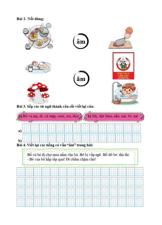 Bài tập hàng ngày Tiếng Việt lớp 1 Bài 34: am, ăm, âm | Kết nối tri thức